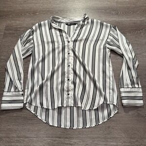 Zara Shirt Womens Small Black White Stripe Satin Button Up Long Sleeve Top Adult